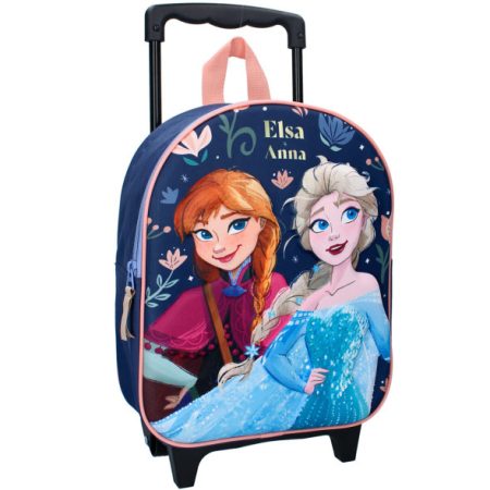Un cartable à roulettes bleu marine arborant Elsa et Anna de la Reine des Neiges sur fond floral, doté d'une poignée télescopique et d'une anse rose.